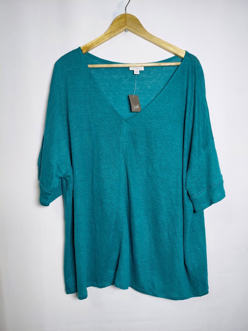 NWT J. Jill Love Linen V-Neck Top Teal 3/4 Sleeve Women Size 2X